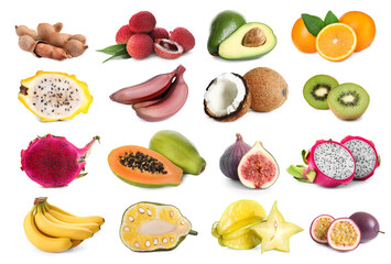 Set with different tasty exotic fruits on white background