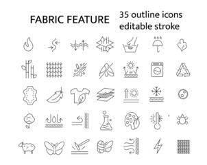 Material properties outline icons set. Fiber diversity. Textile industry