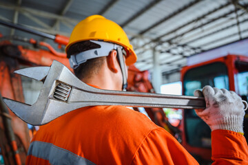 Close-up photo of tractor mechanic Hold a large spanner or an adjustable wrench. used for large...