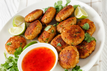 Tod man pla, thai fish cakes on a plate