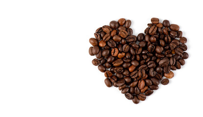 Heart from coffee beans. Coffee beans in heart shape white background isolated. a photo of coffee beans arranged in a heart of Valentine's Day on a white background. flat lay. top view.