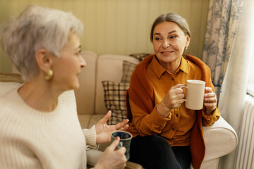 People, age and friendship concept. Indoor image of short haired retired woman telling something to her best female friend, having lively conversation over coffee. Two middle aged women during meeting