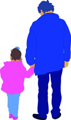 Father holding daughter by the hand. Back view. Simple silhouettes. Vector illustration.