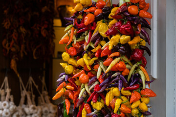 Colorful peppers and chillies hanging 