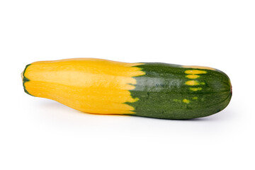 Long yellow-green zucchini on a white background. Autumn harvest. Fresh vegetables from the garden