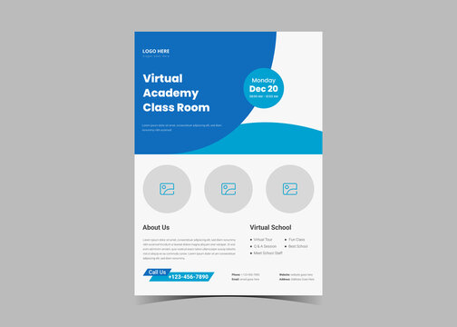 Open House Virtual School Flyer Template Design. Study From Home Virtual Class Flyer Design. Online School Study Poster Leaflet Template