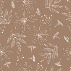 Vector seamless pattern of flowers clematis and tree branches. Contour image. Hand-drawn. Design of posters, postcards, invitations, design of weddings, holidays, decor.