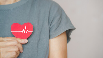 senior people holding red heart with white heartbeat icon, heart checking, annual health checking, world health day, health care, organ donation,  insurance, world hypertension concept