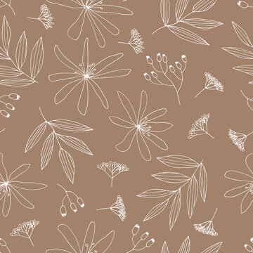 Vector seamless pattern of flowers clematis and tree branches. Contour image. Hand-drawn. Design of posters, postcards, invitations, design of weddings, holidays, decor.
