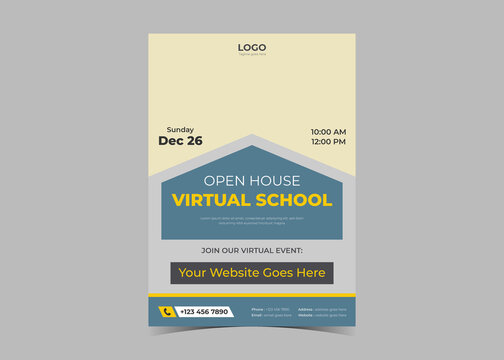 Open House Virtual School Flyer Template Design. Study From Home Virtual Class Flyer Design. Online School Study Poster Leaflet Template