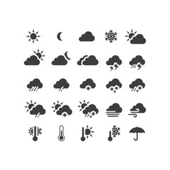 Weather forecast black vector icon set. Stormy, sunny, rain, snow icons. Sun and clouds, hot and cold symbols. - obrazy, fototapety, plakaty