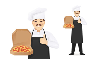 Handsome man chef in black apron standing showing thumb up holding open pizza box isolated vector illustration