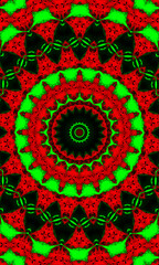Kaleidoscope in christmas colors of red and green. Happy christmas 2022 pattern. Vertical image.
