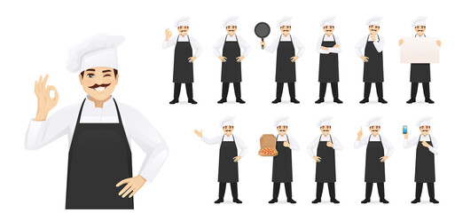 Man chef set in different poses vector illustration