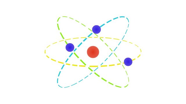 Set of animation of rotating electrons around a nucleus with a trajectory. Transparent background with alpha channel. Looping. Rutherford atom planetary model concept.
