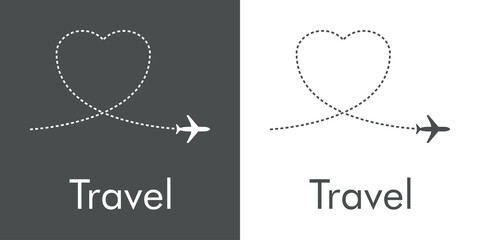 Viaje de luna de miel. Logotipo con texto Travel y silueta de avión con trayectoria en forma de corazón en fondo gris y fondo blanco © teracreonte