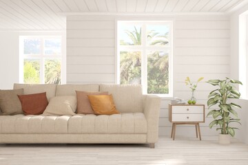White living room with sofa and summer landscape in window. Scandinavian interior design. 3D illustration