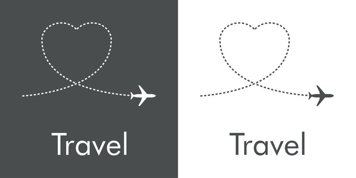 Viaje de luna de miel. Logotipo con texto Travel y silueta de avi&oacute;n con trayectoria en forma de coraz&oacute;n en fondo gris y fondo blanco