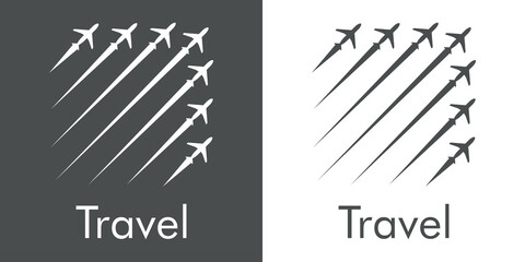 Logotipo con texto Travel y grupo de aviones con trayectoria con forma de flecha en fondo gris y fondo blanco