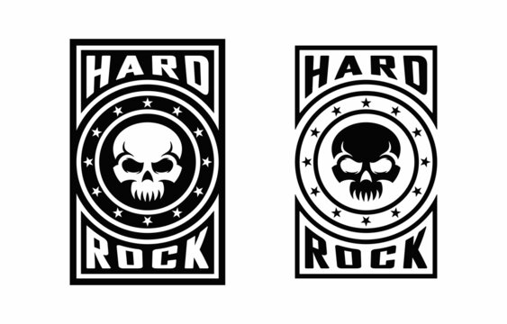Set of black and white illustrations of skull, stars and text on the background. Design element for poster, print, sticker, label and emblem. Vector illustration. Hard rock symbolism.