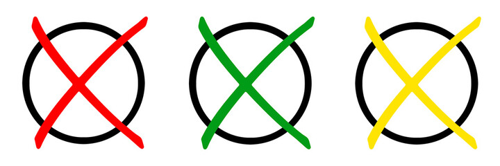 Symbolische Wahlkreuze rot grün gelb auf weissem Hintergrund