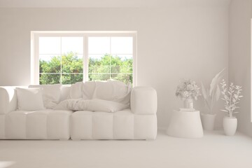 Mock up of stylish room in white color with sofa and green landscape in window. Scandinavian interior design. 3D illustration
