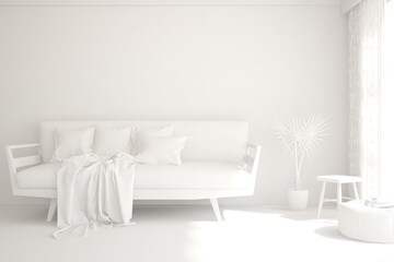 Mock up of minimalist living room in white color with sofa. Scandinavian interior design. 3D illustration