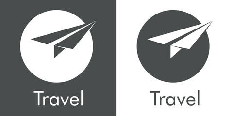 Logotipo con texto Travel y avión de papel en círculo en fondo gris y fondo banco