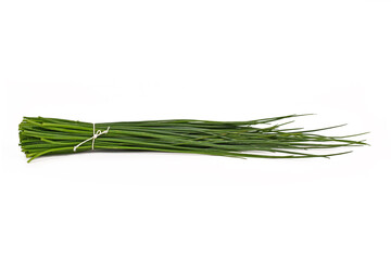 Obraz na płótnie Canvas Bundle of cut chive tied with rope on white background