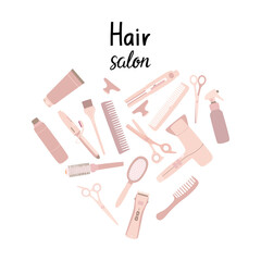 A set of tools for hairdressers. Accessories for hair salon and barber shop, scissors, hair dryer, combs, clips, curling irons,hair clipper. Flat vector