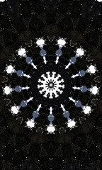 Noir kaleidoscope. Black and white seamless pattern. Can be used for coloring book page design,anti stress hobby for adult. Noir theme, black and white illustration Vertical image.