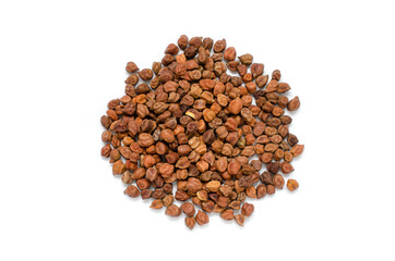 Top view of dry organic garbanzo or chick pea seed pile on white background