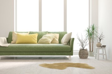 White living room with sofa. Scandinavian interior design. 3D illustration