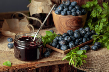Blueberry jam with fresh berries.