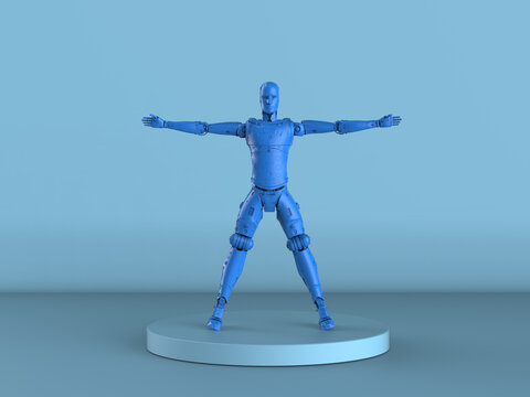 vitruvian robot or cyborg on blue background