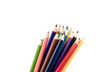 Fototapeta premium Colored pencils, school supplies drawing, pattern, copy space.
