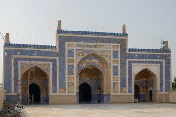 Fototapeta na wymiar Beautiful facade and courtyard of ancient heritage Khudabad mosque, Dadu, Sindh, Pakistan