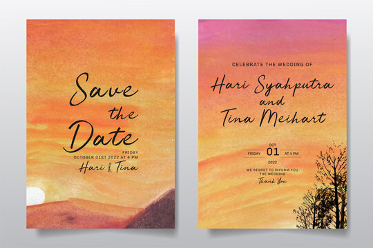 Wedding invitation with watercolor landscape sunset