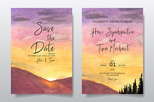 Wedding invitation with watercolor landscape sunset