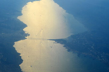 Bosphorus and Istanbul at morning from airliner view. Flight Dalaman - Kiev