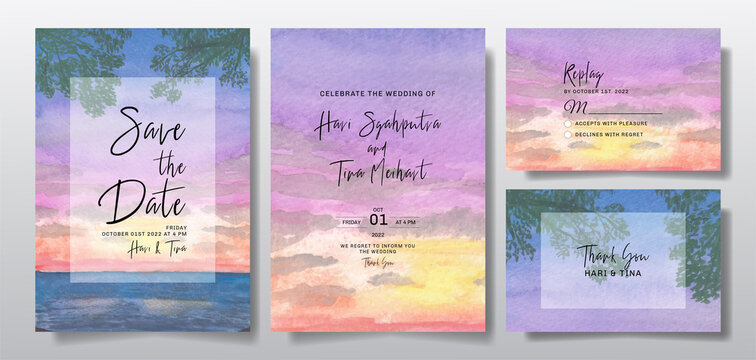 Watercolor wedding invitation set with sunset landscape