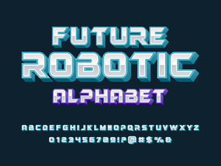Futuristic metallic style alphabet design with uppercase, numbers and symbol