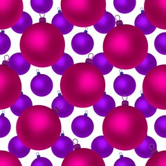 Christmas pink, lilac, violet balls on a white background. Seamless pattern. Christmas endless background for the holiday.