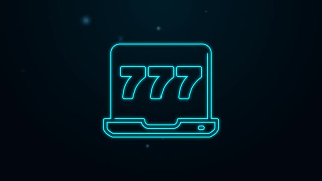 Glowing neon line Laptop and slot machine with lucky sevens jackpot icon isolated on black background. Online casino. 4K Video motion graphic animation