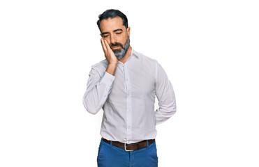 Middle aged man with beard wearing casual white shirt thinking looking tired and bored with depression problems with crossed arms.