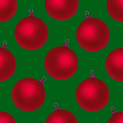 Christmas red balls on a green background. Seamless pattern. Christmas endless background for the holiday.