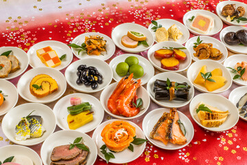 Fototapeta na wymiar 典型的なおせち料理　Japanese food New Year dishes (OSECHI)