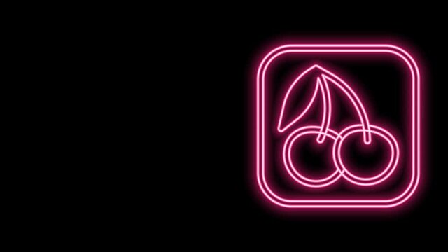 Glowing neon line Casino slot machine with cherry symbol icon isolated on black background. Gambling games. 4K Video motion graphic animation