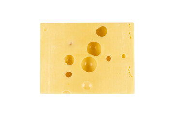 Maasdam cheese block isolated on white background with clipping path. Closeup view of a piece of maasdam cheese. Piece of delicious fresh cheese.