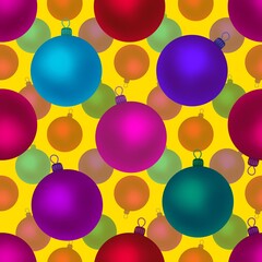 Christmas balls on a yellow background. Seamless pattern. Christmas endless background for the holiday.